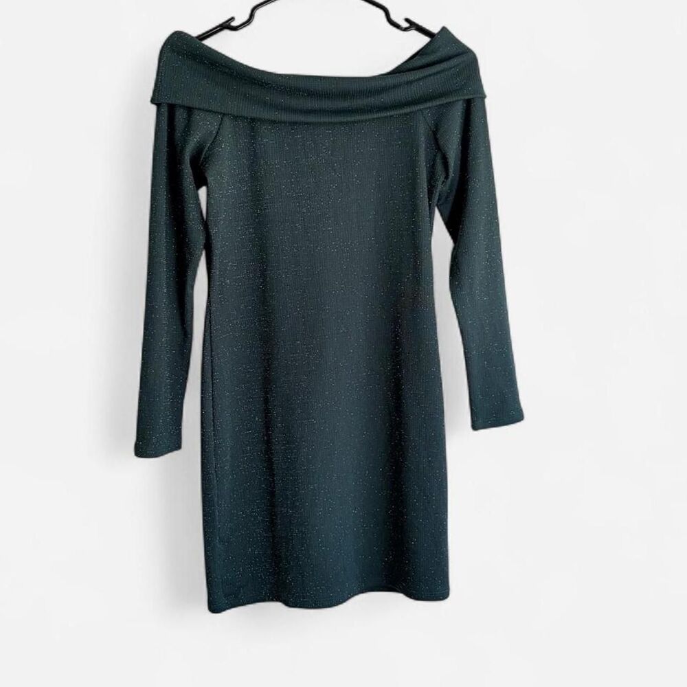 Emerald Green Metallic Off Shoulder Mini Dress Size S Second Generation